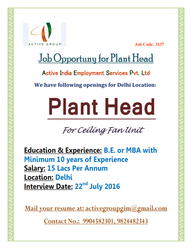 Job opportunities for plant head. 